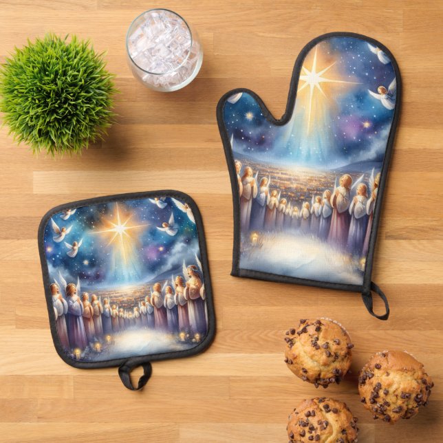 Heavenly Choir Under Star of Bethlehem Oven Mitt & Pot Holder Set (Top Down)