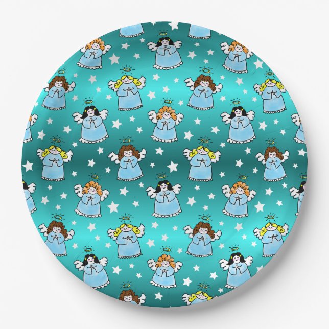 Heavenly Christmas Angels Pattern Paper Plate (Front)