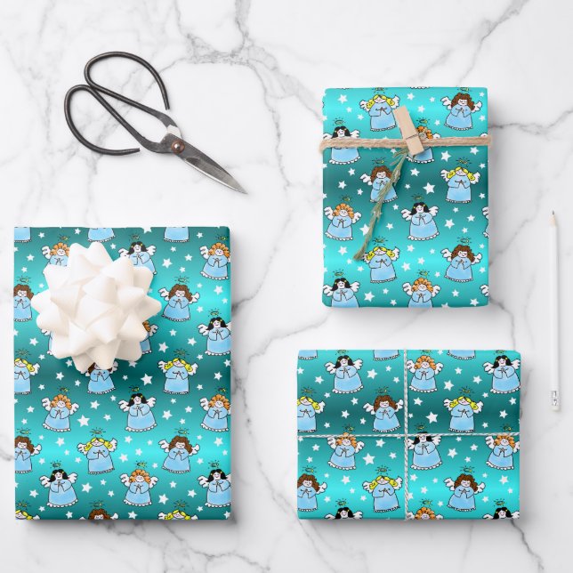 Heavenly Christmas Angels Pattern Wrapping Paper Sheet (Front)