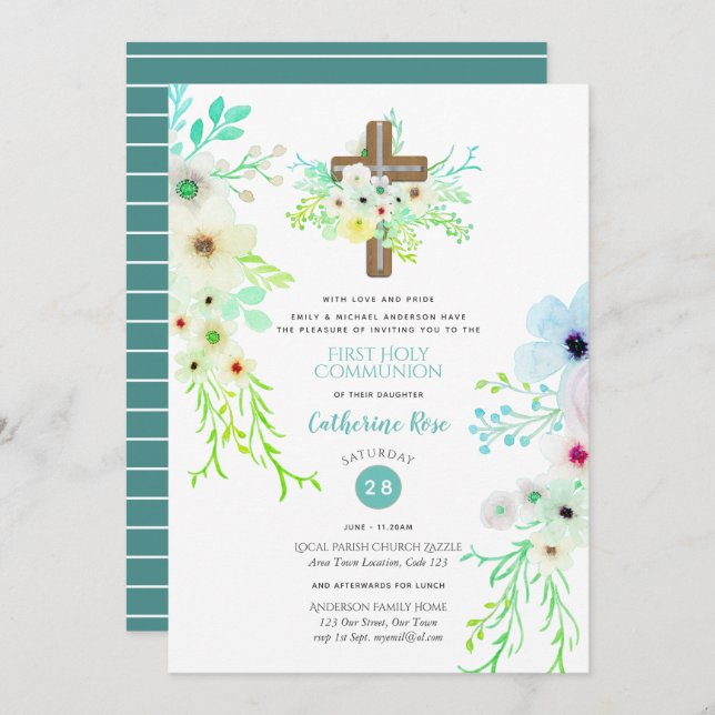 Heavenly Cross Holy Communion Invitation Flowers (Front/Back)