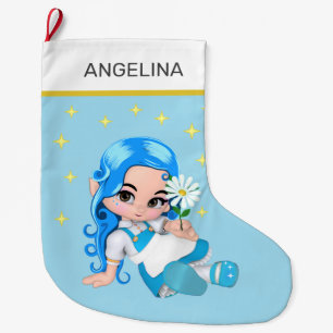 Heavenly Fairy Girl & Stars on Light Blue Large Christmas Stocking