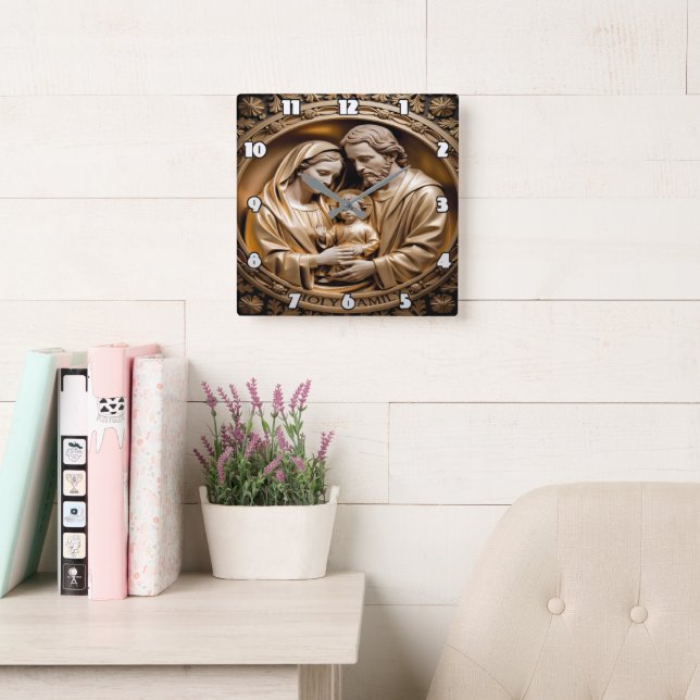 Heavenly Gold Holy Family Carving Square Wall Clock (Reading Room)