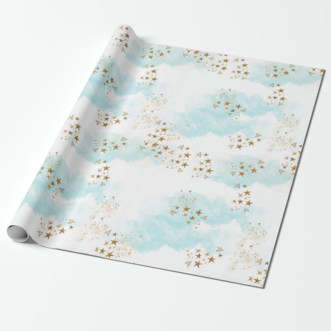 Heavenly Gold Star Dust Angel Clouds Gift Wrap (Unrolled)