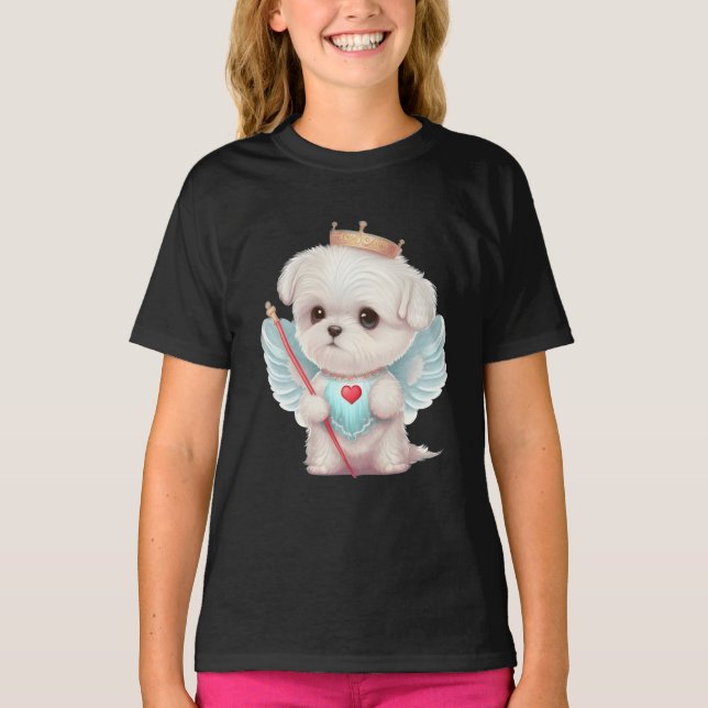 Heavenly Love: Cute Angel Maltese Dog Puppy T-Shirt (Front)