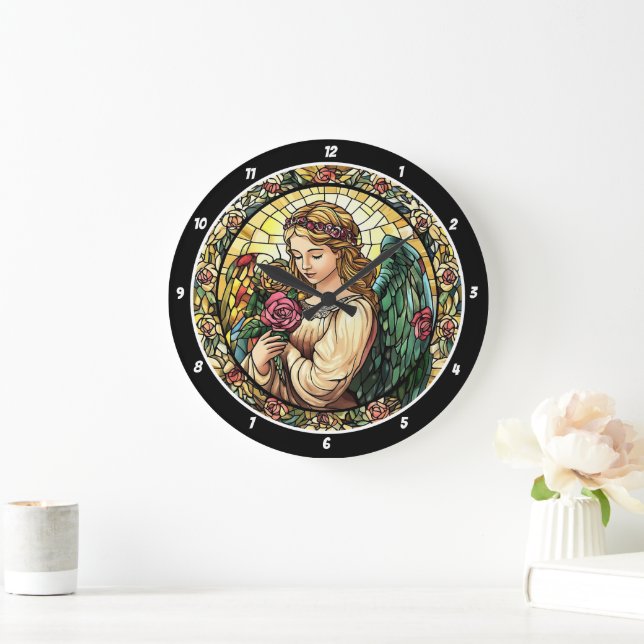 Heavenly Rose Serenade Stained Glass Angel Large Clock (Home)