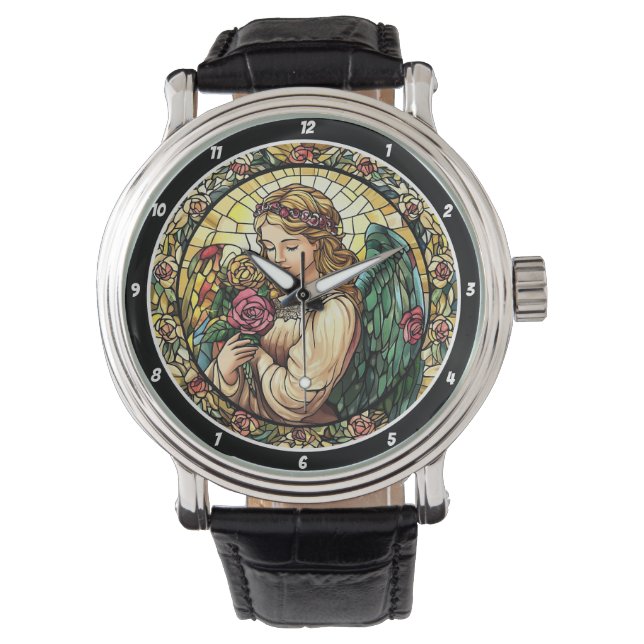 Heavenly Rose Serenade Stained Glass Angel Watch (Front)