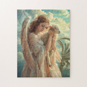 Heavenly Serenity Female Angel with Lamb Jigsaw Puzzle