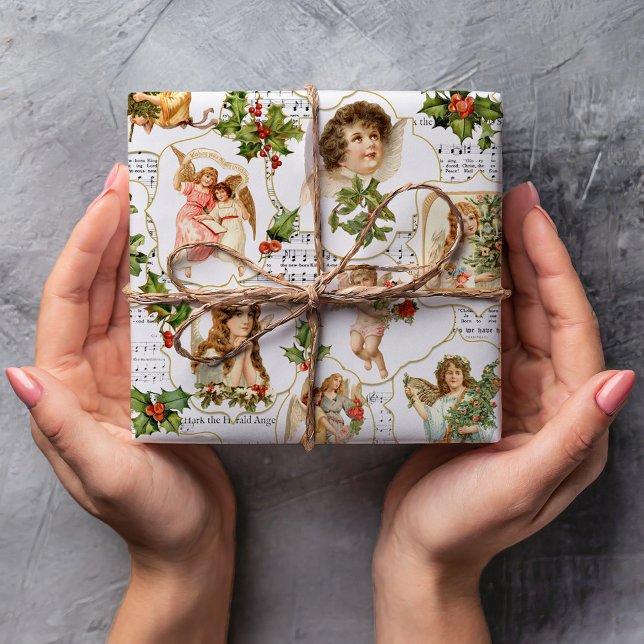 Heavenly Vintage Angels, Holly & Music Collage  Wrapping Paper (Creator Uploaded)