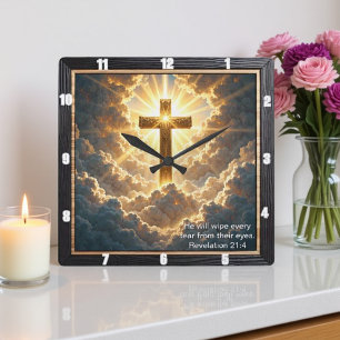 Heaven's Gate Golden Cross Cloud Revelation 21:4 Square Wall Clock