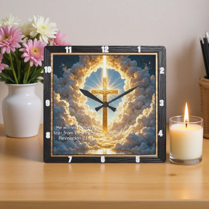Heaven's Gate Golden Cross Radiant Revelation 21:4 Square Wall Clock