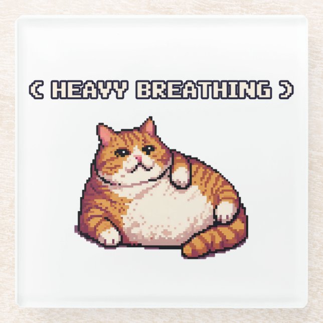 Heavy breathing fat cat meme pixel art glass coaster (Front)