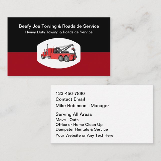 Heavy Duty Tow Truck Roadside Service Business Card (Front/Back)