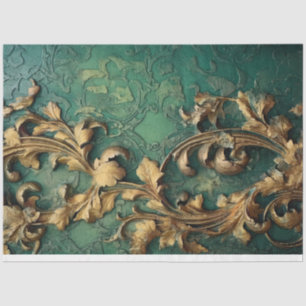 Heavy gold baroque ornament sparkles emerald green tissue paper