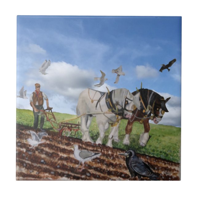 Heavy Horses Ploughing In March Tile (Front)