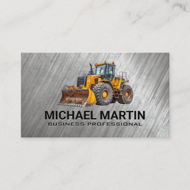 Heavy Machinery Excavator Logo | Metal Background Business Card (Front)