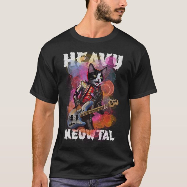 Heavy Meowtal Bass Guitar Player T-Shirt (Front)