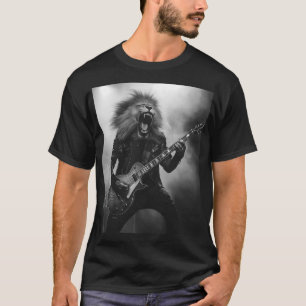 Heavy Metal Lion Guitarist Black and White T-Shirt