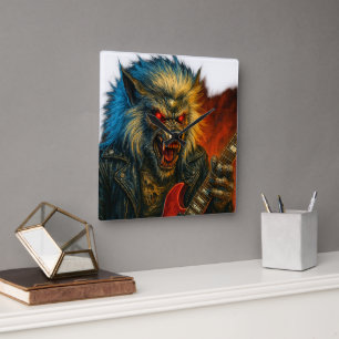 Heavy-Metal Wolve playing Guitar Square Wall Clock