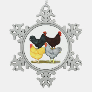 Heavy Rooster Chicken Quartet Snowflake Pewter Christmas Ornament