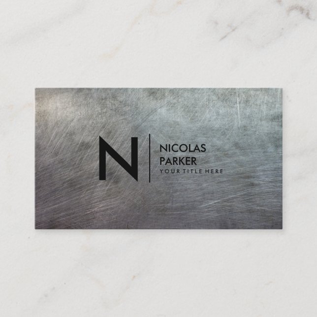 Heavy Scratched Brushed Metal Texture Monogram Business Card (Front)