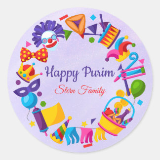 Hebrew Custom Colourful Happy Purim Classic Round Sticker