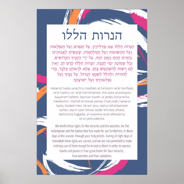Hebrew & English Hanerot Halalu Hanukkah Prayer Poster (Front)