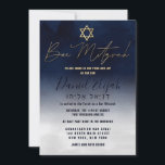 Hebrew Gold Navy Blue White Watercolor Bar Mitzvah Invitation<br><div class="desc">This modern and artsy themed Bar Mitzvah invitation is the perfect choice for your son for his special day. It features a hand-painted navy blue and white ombre gradient. On the top of the invite is a faux printed gold star of David and custom typography, including the Hebrew name of...</div>