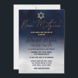 Hebrew Gold Navy Blue White Watercolor Bar Mitzvah Invitation<br><div class="desc">This modern and artsy themed Bar Mitzvah invitation is the perfect choice for your son for his special day. It features a hand-painted navy blue and white ombre gradient. On the top of the invite is a faux printed gold star of David and custom typography, including the Hebrew name of...</div>
