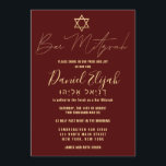 Hebrew Modern Simple Gold Burgundy Red Bar Mitzvah Invitation<br><div class="desc">This elegant and stylish Bar Mitzvah invitation is the perfect choice for your son on his special day. It features a simple and modern faux rose gold typography design with the star of David on a burgundy red background. It also displays custom typography of the Hebrew name of your child....</div>