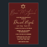Hebrew Modern Simple Gold Burgundy Red Bar Mitzvah Invitation<br><div class="desc">This elegant and stylish Bar Mitzvah invitation is the perfect choice for your son on his special day. It features a simple and modern faux rose gold typography design with the star of David on a burgundy red background. It also displays custom typography of the Hebrew name of your child....</div>