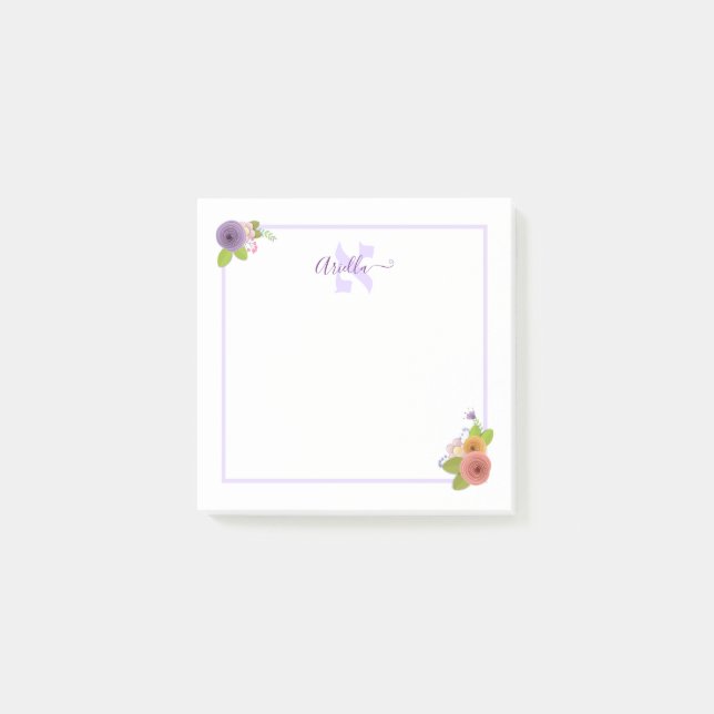Hebrew Monogram ALEF Personalised Floral Post-it Notes (Front)
