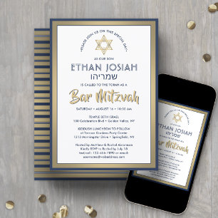 Hebrew Name Bar Mitzvah Elegant Gold White & Navy Invitation