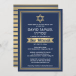 Hebrew Name Bar Mitzvah Navy Blue White & Gold Invitation<br><div class="desc">Invite family and friends to an elegant bar mitzvah ceremony and celebration for him with this navy blue, white, and faux gold foil invitation. All text is simple to customise, so it can include any wording regarding the service, Torah reading, and party. Design features Hebrew and English names, gold faux...</div>