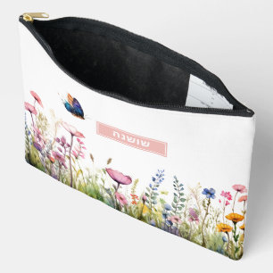 Hebrew Name Makeup Bag w Wildflowers & Butterfly
