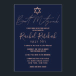 Hebrew Simple Rose Gold Burgundy Red Bat Mitzvah Invitation<br><div class="desc">This elegant, minimalist, and chic Bat Mitzvah invitation is the perfect choice for your daughter on her special day. It features a simple and modern faux rose gold typography design with the star of David on a navy blue background. It also displays custom typography of the Hebrew name of your...</div>
