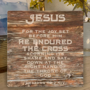 Hebrews 12:2 Easter Bible Verse Weathered Wood Plaque