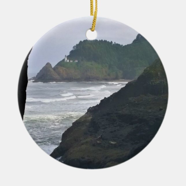 Heceta Head Lighthouse & Sea Lions, OR Ceramic Tree Decoration (Front)