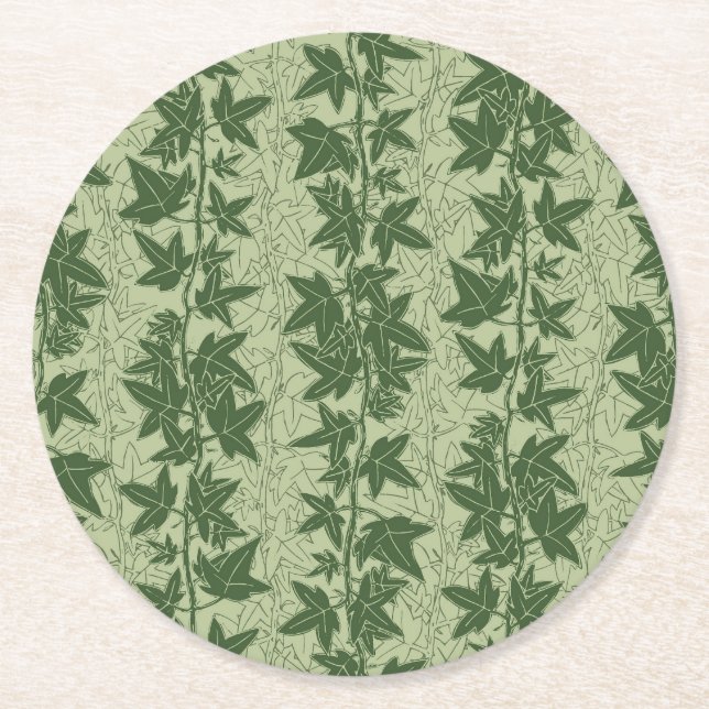 Hedera Ivy Vines - botanical green D_L pattern. Round Paper Coaster (Front)