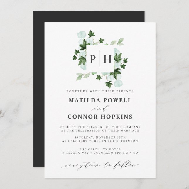 Hedera Monogram | Ivy Eucalyptus Botanical Wedding Invitation (Front/Back)