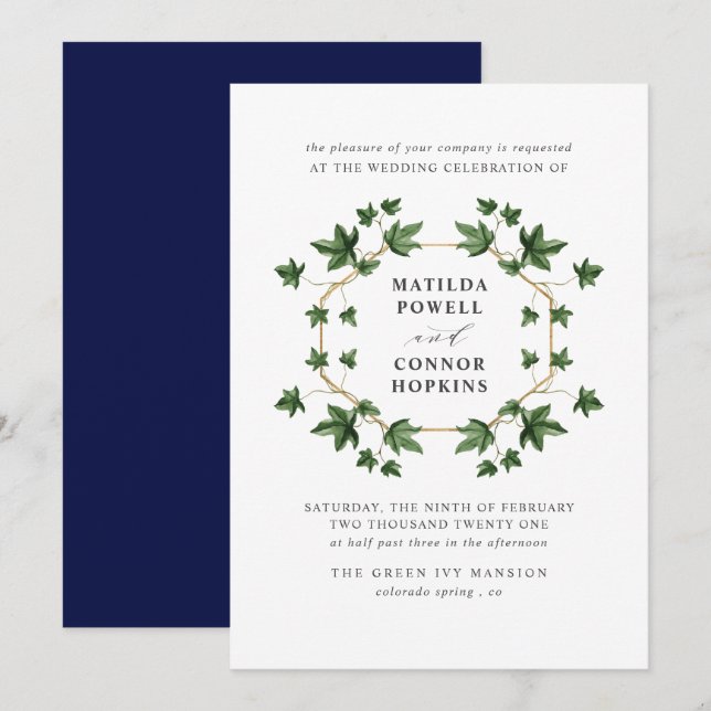 Hedera | Navy Ivy Botanical geometric Wedding Invitation (Front/Back)