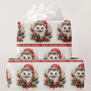 Hedgehog Add Child's Name Cute Christmas Gift Wrapping Paper