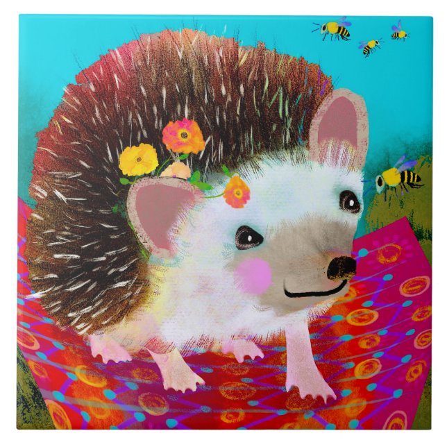 Hedgehog and Bees Ceramic Kitchen Tile (Front)