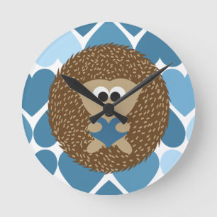 Hedgehog and Blue Hearts Round Clock