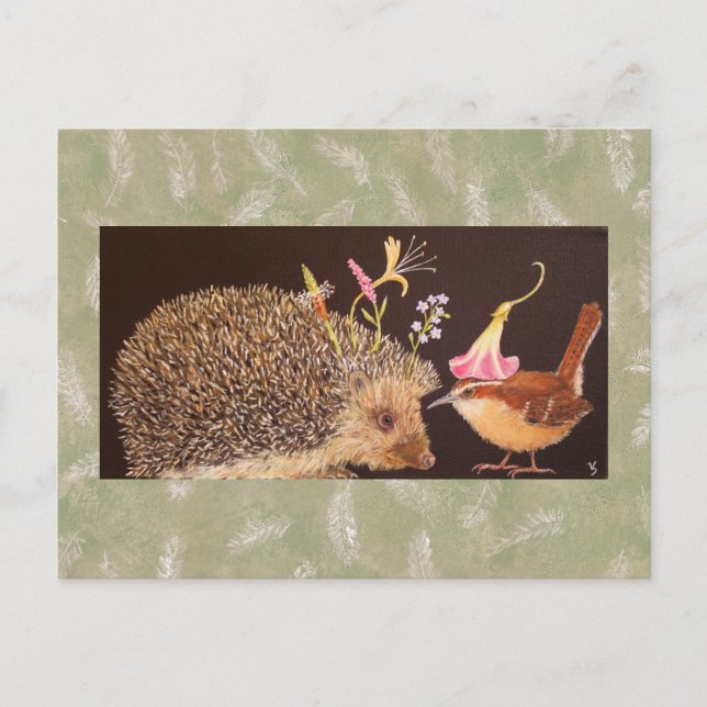 Hedgehog and carolina wren postcard (Front)
