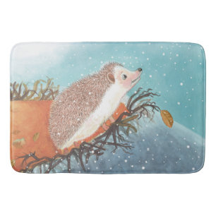 Hedgehog and first snowflakes bath mat