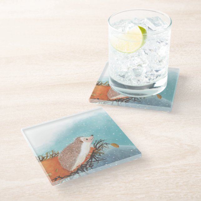 Hedgehog and first snowflakes   glass coaster (Angled)