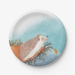 Hedgehog and first snowflakes paper plate