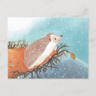 Hedgehog and first snowflakes postcard