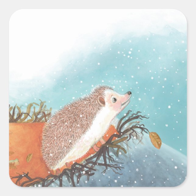 Hedgehog and first snowflakes   square sticker (Front)