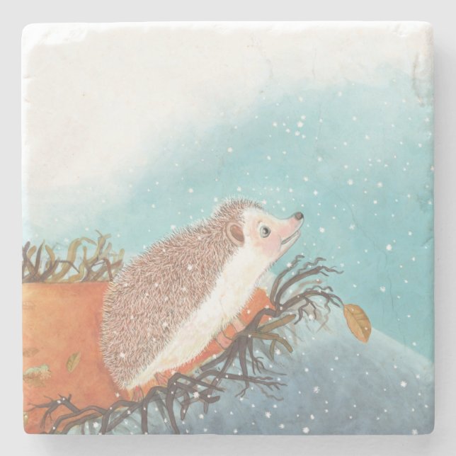 Hedgehog and first snowflakes  stone coaster (Front)